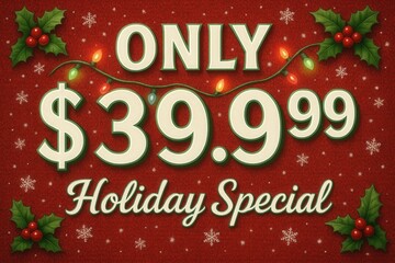 Festive holiday sale advertisement featuring the text "Only $39.99 Holiday Special" adorned with holly leaves, berries, Christmas lights, and snowflakes on a red background.