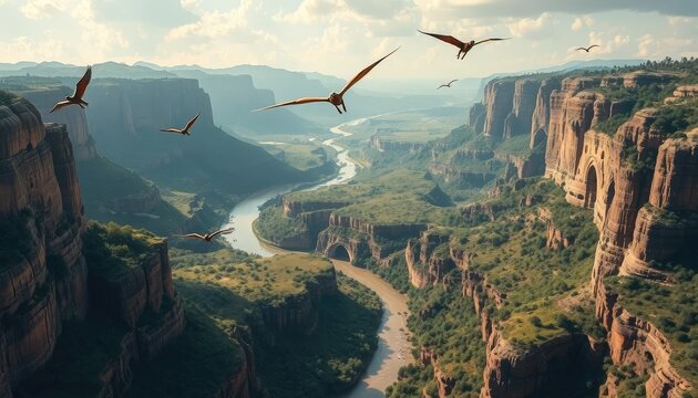 Flying pterosaurs gliding over a prehistoric canyon with rivers cutting through lush, ancient valleys 2