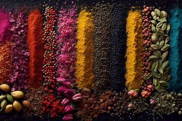 Herb Vibrant Spices and Herbs Flatlay on Dark Background