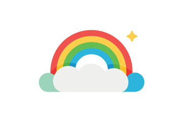 Cartoon Rainbow Arching Over Two Fluffy Clouds With Sun