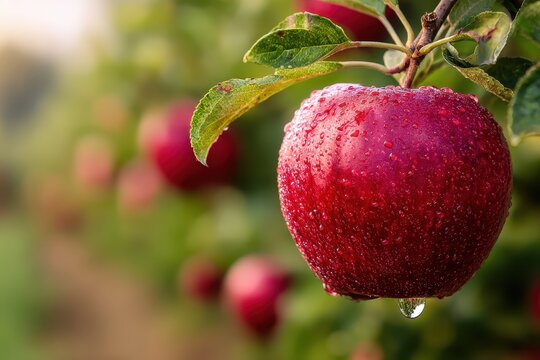 Fresh red apple, hanging, farm orchard. Other apples on trees in blurred light