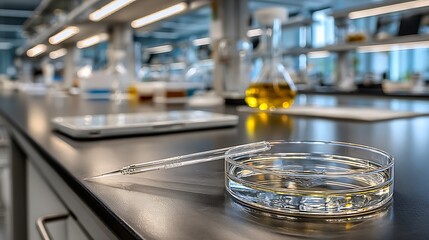 High-key science background with Petri dish and pipette on lab bench, left side blank for biotech presentation, pharmaceutical poster or research material design