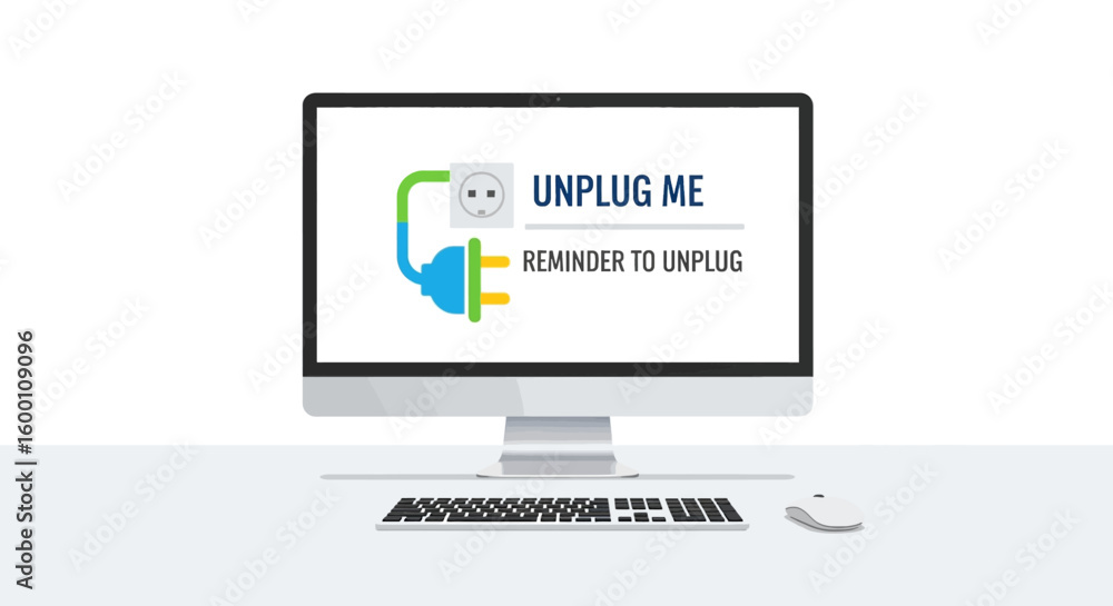 Aufkleber computer monitor showing an unplug reminder with a plug icon, modern design.