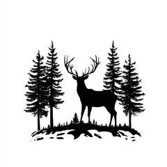 Black silhouette of deer and forest fir trees camping landscape panorama illustration icon vector for logo, isolated on white background