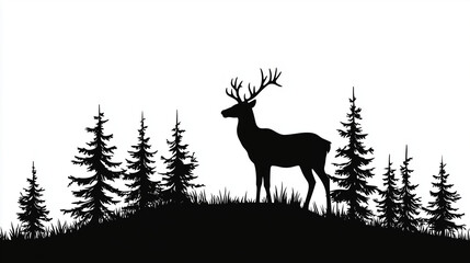 Obraz premium black silhouette of a deer on a pine hill, vector illustration for a logo symbolizing the christmas season