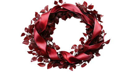 • A Christmas wreath made with red ribbons and holly leaves, isolated on white background in HD