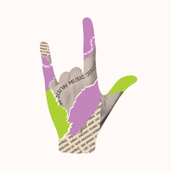 Vintage retro music halftone hand. Karaoke collage collection with human hand punk gesture. Grunge disco elements for poster, podcast, wall art. Dotted isolated vector illustration.