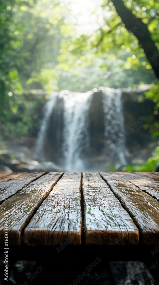 Poster a rustic wooden table with wet planks is set in the foreground with a lush green forest and a cascad
