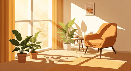 Cozy living room interior with armchair, plants, and sunlight, creating a warm atmosphere