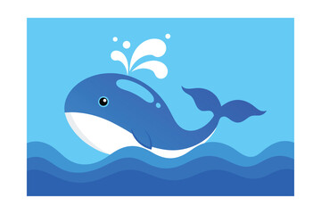 Naklejka premium Cartoon Blue Whale Spouting Water Playful Waves