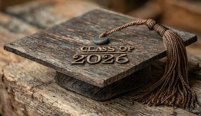 Class of 2026 Graduation Cap on Rustic Wood
