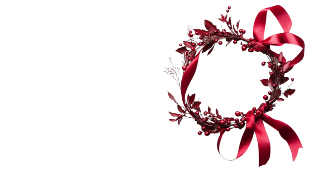 • A Christmas wreath made with red ribbons and holly leaves, isolated on white background in HD 