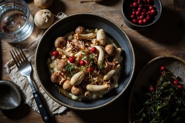 Indulge in a gourmet pasta dish featuring savory truffles, earthy mushrooms, and tart cranberries, offering a rich blend of flavors and textures for an exquisite culinary experience.
