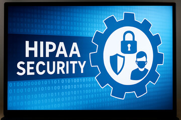 Digital visualization of HIPAA Security protocol enforcement with glowing circular interface, lock and medical icons, symbolizing cybersecurity in healthcare and data protection compliance
