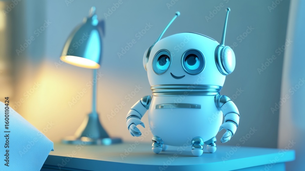 Poster robot is standing on a table in a room. the robot is smiling and wearing headphones. the room is dim