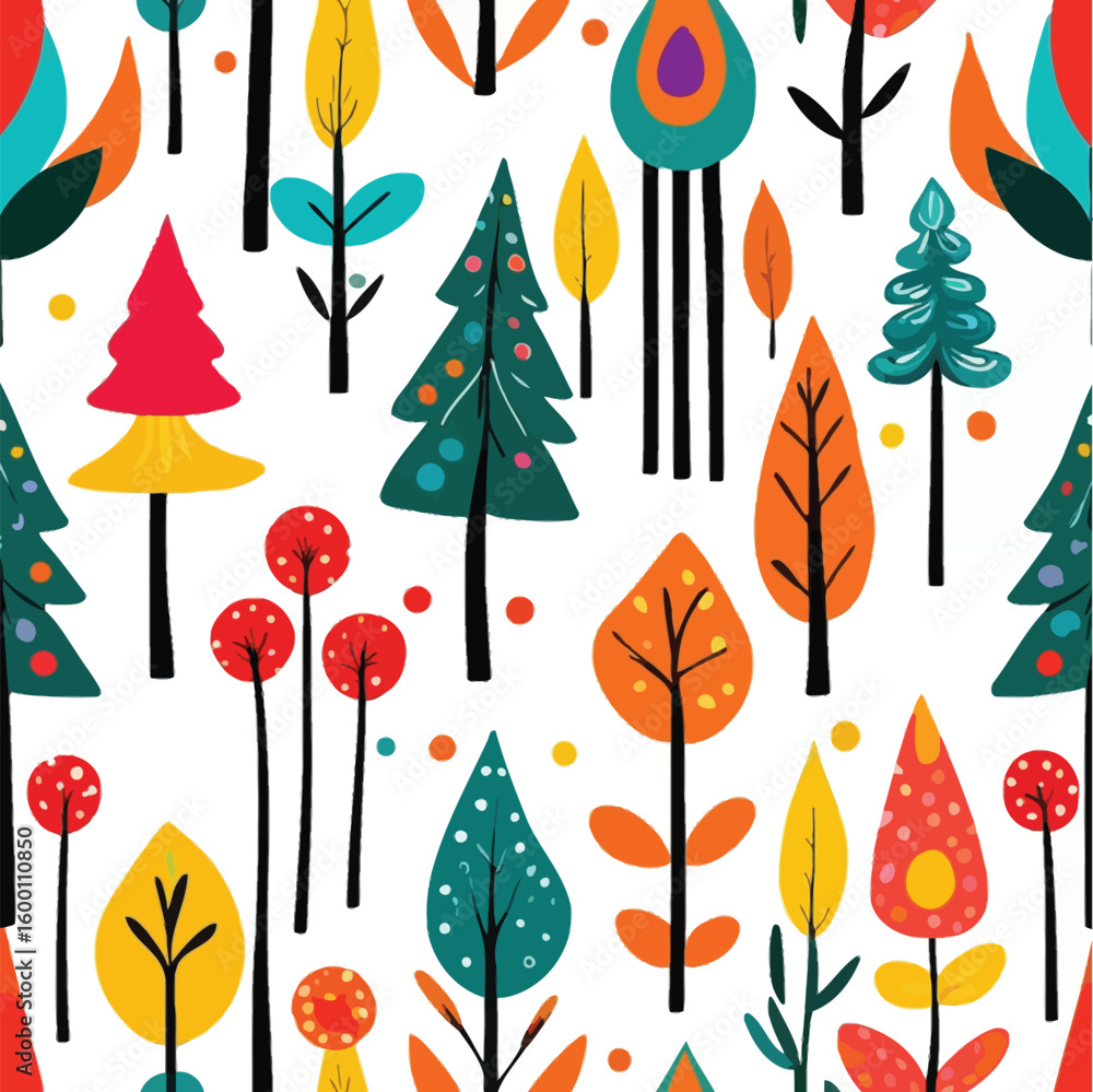 Poster whimsical trees seamless pattern retro style for textile design