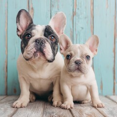 Two french bulldogs posing on wooden floor with rustic background