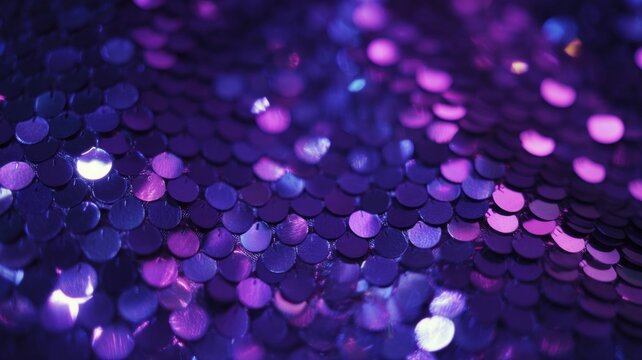 Close-up of sparkling purple sequins textured surface. Artificial intelligence image