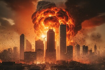 Obraz premium A City Engulfed in a Massive, Fiery Explosion and Devastation