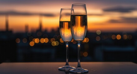 Obraz premium Champagne Glasses with Bokeh Blurred Background Romantic Sunset View