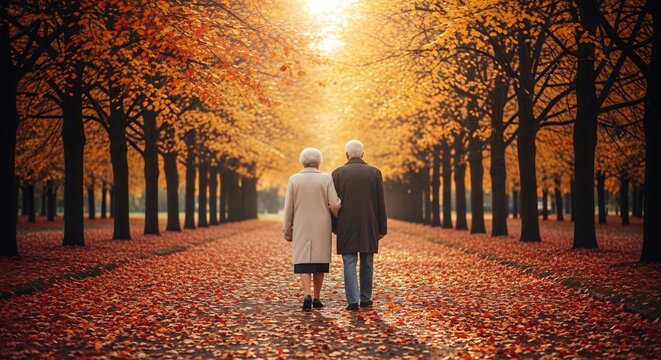 Heartwarming autumnal scene showing an elderly couple strolling hand in hand. Perfect for sentimental stories, family health, love, retirement planning, or senior living.