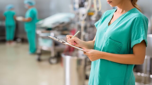 Medical nurse in scrubs taking notes on a clipboard in a bright clinical environment with sterile equipment and soft clinical lighting