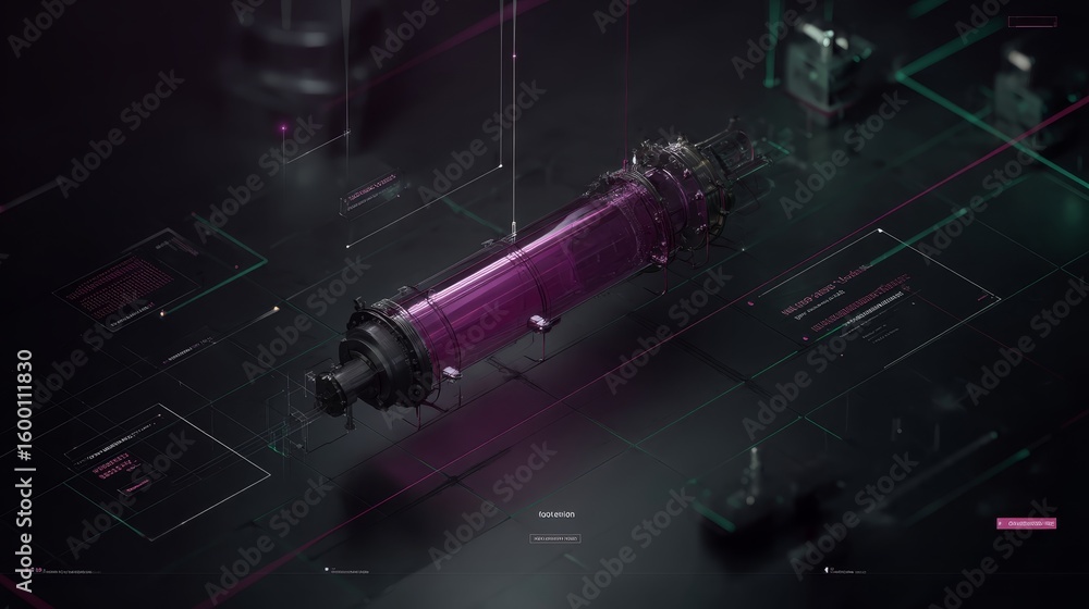Poster futuristic holographic engine design suspended in dark digital workspace with glowing interface pane