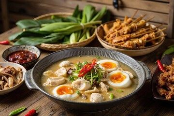 Indulge in a comforting bowl of authentic Southeast Asian noodle soup, featuring tender dumplings, a rich broth, and fresh garnishes, complemented by crispy side dishes for a flavorful and satisfying 