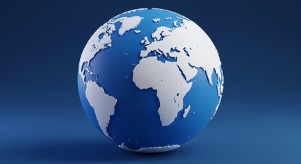 Fototapeta premium Global Earth Map - A stylized 3D of the Earth with a blue ocean and white continents against a solid blue background