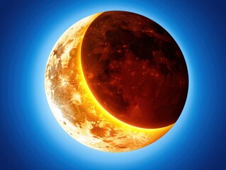 Fiery Crescent Moon Partial Lunar Eclipse in Deep Blue Night Sky