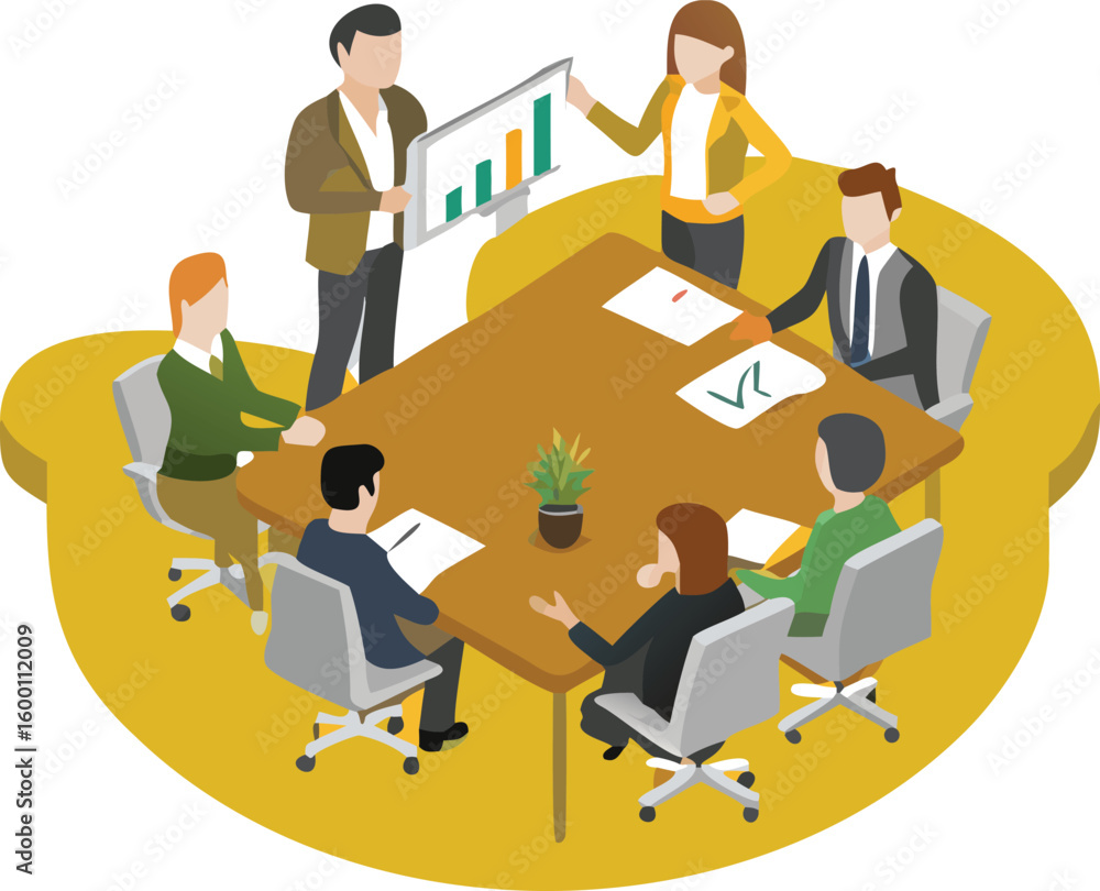 Poster isometric view of business meeting with presentation and people around a table in office space