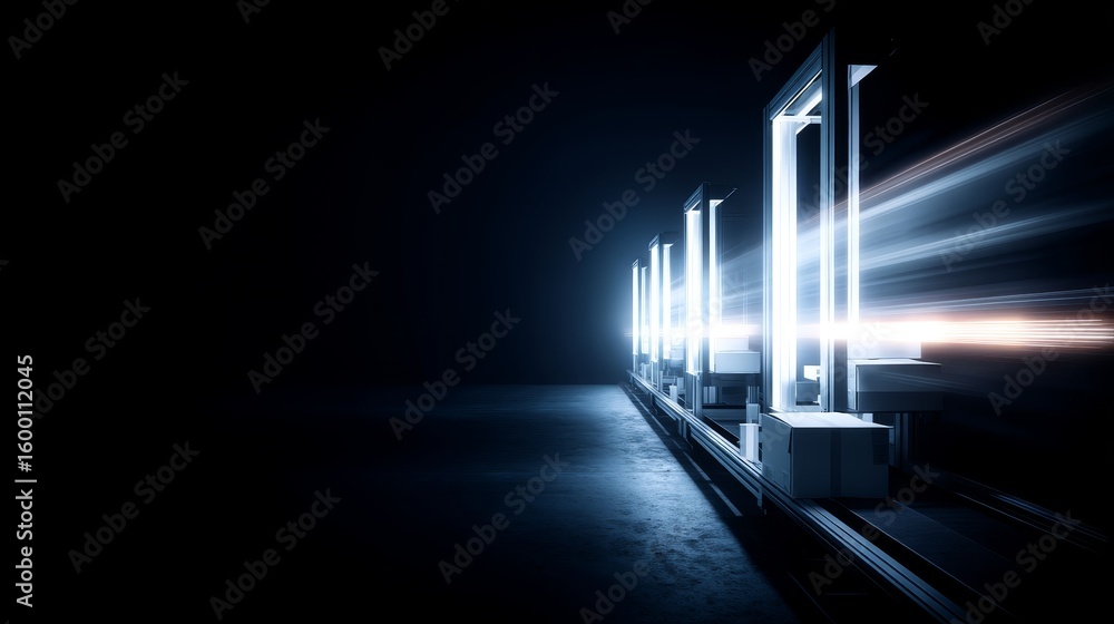 Poster futuristic automated warehouse with robotic arms and moving forklifts creating dynamic light trails,
