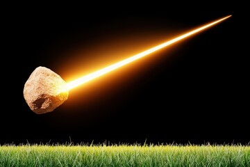 Fiery Meteor Streaking Across Night Sky Above Green Field