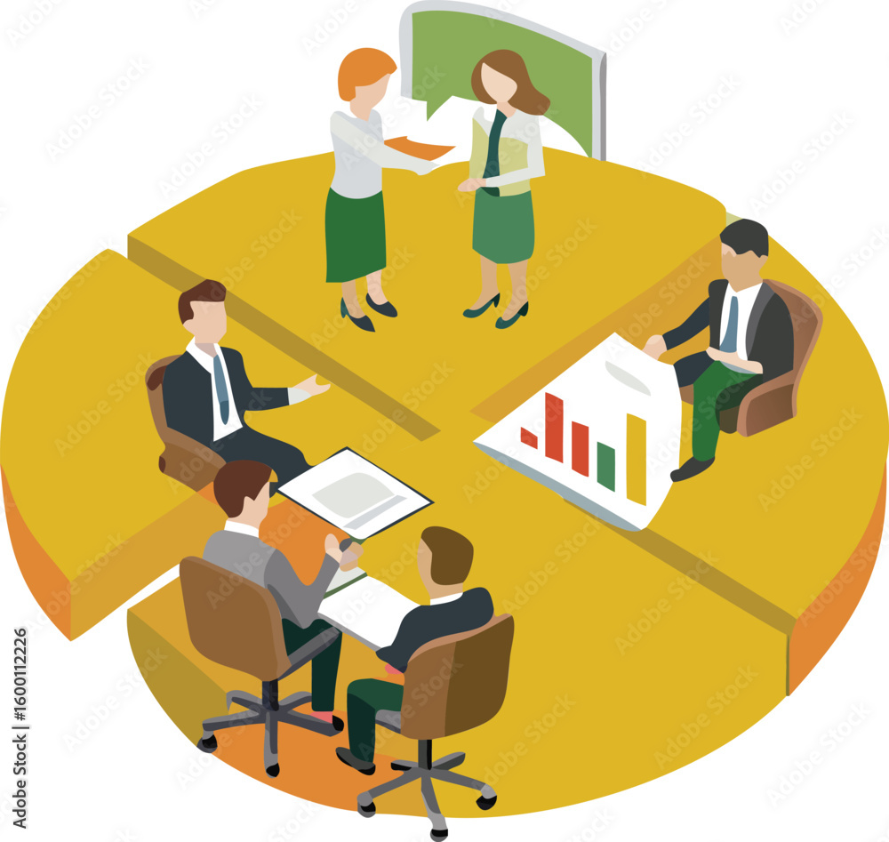 Aufkleber isometric view of business meeting on pie chart with presenters and seated participants around table