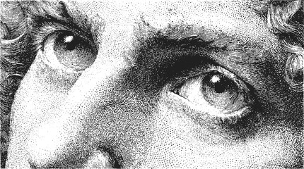 Closeup of eyes and face in stipple halftone black and white. Vintage engraving style with line pattern and realistic shading. Vector illustration.