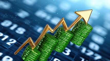 Financial Growth  Golden Arrow Ascending Above Stacks of Green Coins