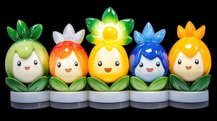 Five Brightly Colored Cartoon Flower Figurines on Black Background