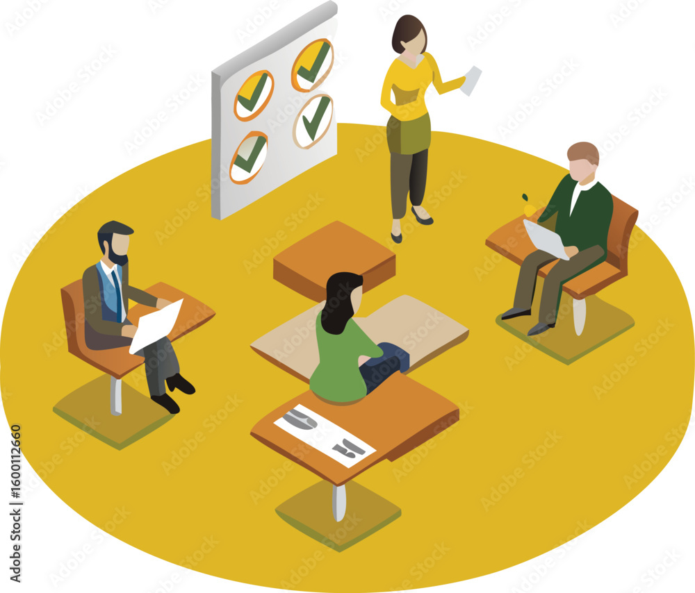 Aufkleber isometric view of a business meeting with a presenter and attendees with laptops and a checklist boa