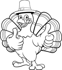 A turkey pilgrim hat Thanksgiving cartoon bird Christmas mascot giving a thumbs up