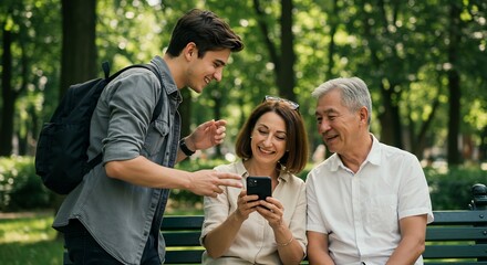 Multigenerational Family Sharing a Smartphone in a Lush Green Park, Showing Intergenerational Connection and Technology Use