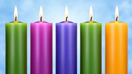 Five Colorful Lit Candles on Light Blue Background