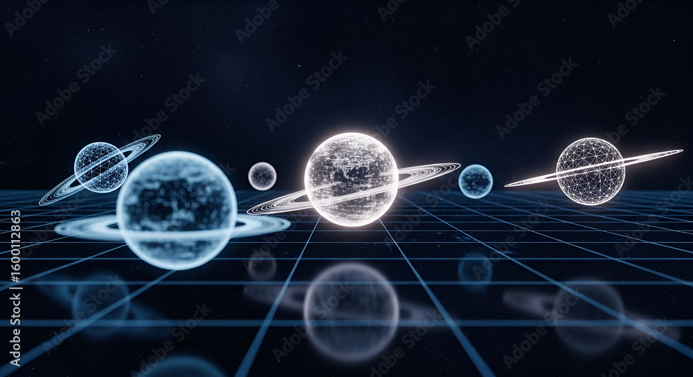 Poster a digital rendering shows planets with rings on a grid representing a futuristic space exploration c