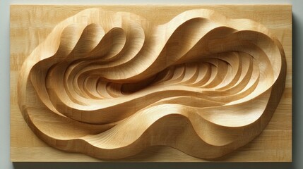 Wood carving, abstract, layered, flowing curves,  relief