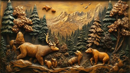 Wood carving depicting a woodland scene with deer, bear, and forest