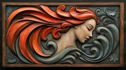 Wood carving of a woman with flowing red hair, surrounded by stylized waves and floral details