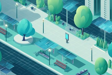 Minimalist urban park with clean air, solar panels, and smart benches
