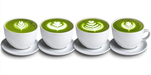 Four Matcha Latte Cups with Leaf Art on White Background