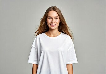 Obraz premium Fashion concept, Female European or American model wear and show t-shirt. eyes, business, white t shirt, arts, vintage, advt, blond, blond hair, posing, brunette, glamour, stylist .