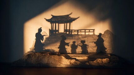 Silhouette figures, Asian-style architecture, soft light