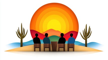 Four Silhouettes Watching Desert Sunset